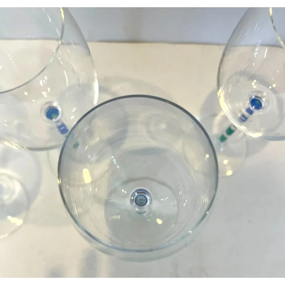 Set (4) Vintage Pier 1 Hand Painted Water Goblets Wine Glasses Blue Green Stripe